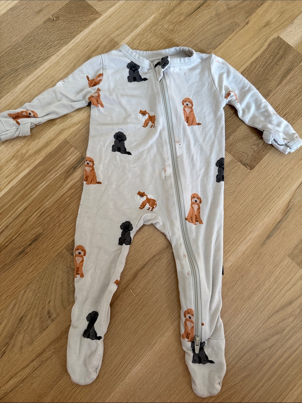 Kyte BABY White Footed One-Piece with Brown & Black Dog Print